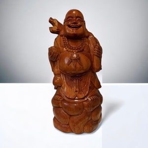 Happy Buddha wood vintage 46 cm high 21 cm wide heavy sculpture laughing statue decoration meditation hand crafted rarity collector solid