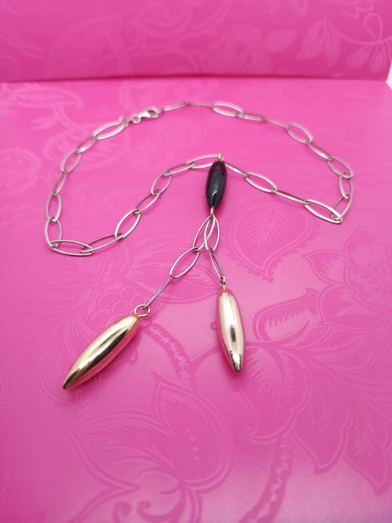 Silver chain 46 cm filigree with 3 drops black go… - image 3