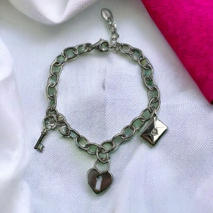 Pulsera moderna de plata 925 de 18,5 a 20 cm, de lujo, de moda, ajustable, regalo retro, atemporal, con forma de corazón, cerradura, llave y letra.