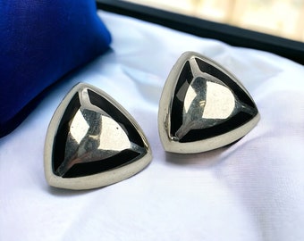 Design Ohr Clips groß 925er Silber Ohrringe Ohrclips Vintage Retro Eyecatcher Geschenk Damen dreieckig schwarz silber