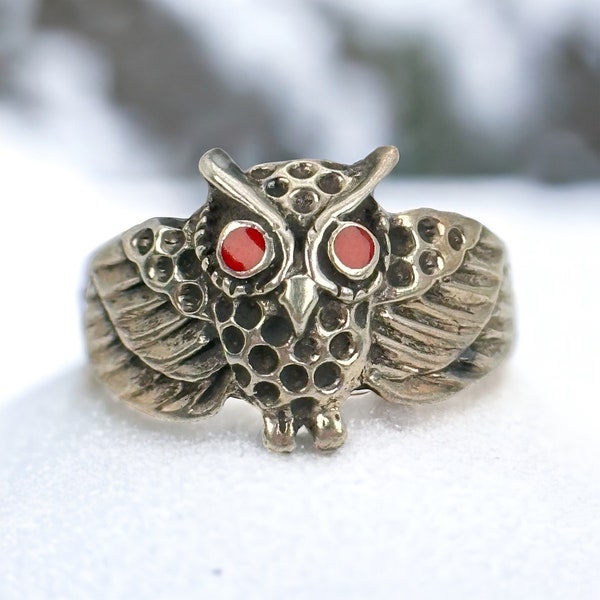 Owl ring 925 silver 18.2 mm size. 57 red eyes gift patina women retro timeless modern luxury fashion rarity design Kautz