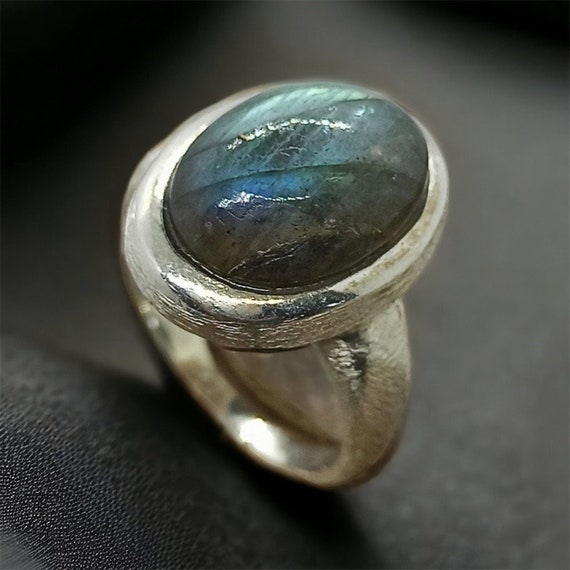 Bague Vintage Argent Massif 925 Sertie Labradorite Taille 53 - Belle Pièce Ancienne