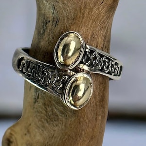 Könnte beinhalten: Ein silberner Ring mit einem gedrehten Band und zwei goldenen ovalen Akzenten. Der Ring liegt auf einer Holzoberfläche.