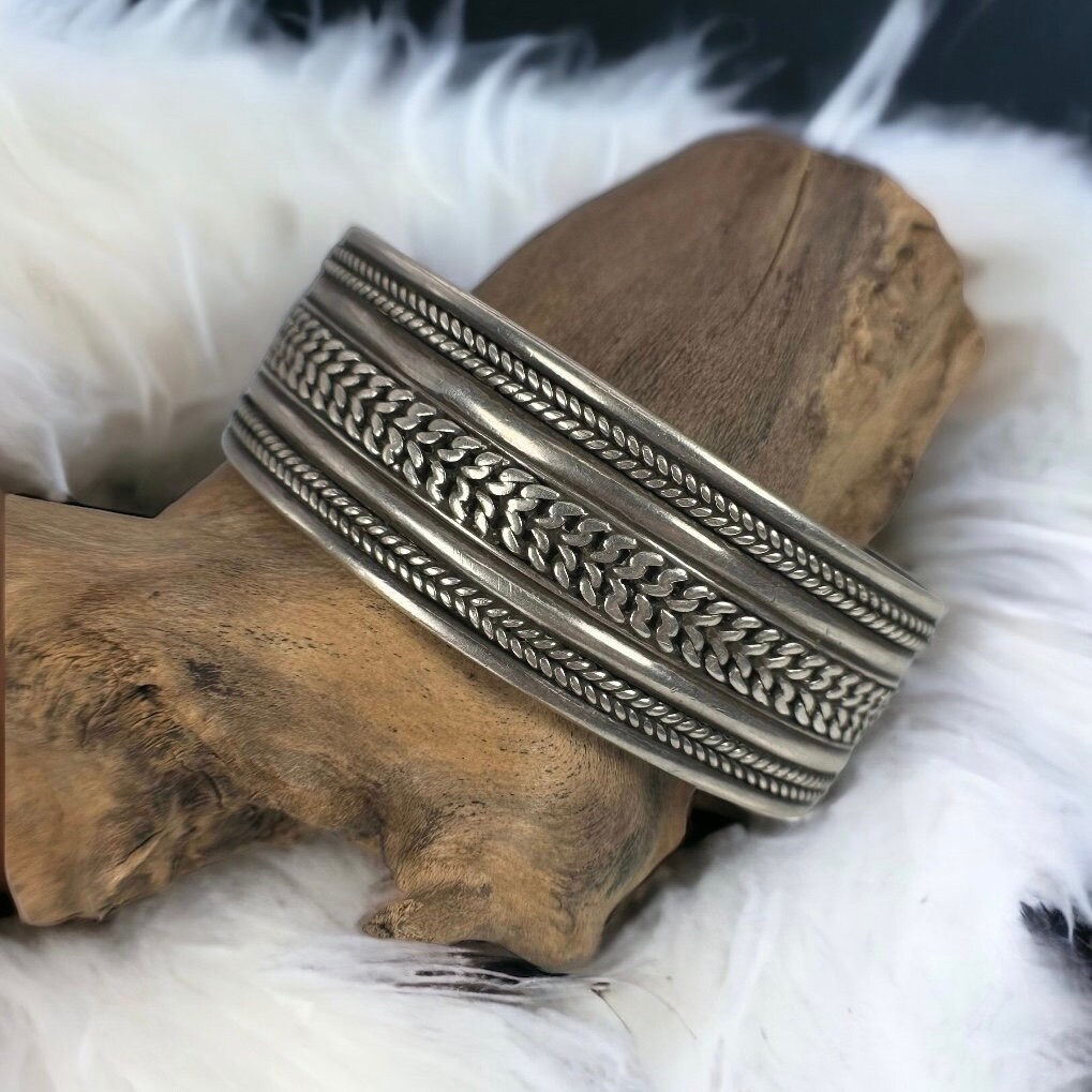 アクセサリー Vintage Silver Wide Wave Caff Bangle 925 Sterling Silver Braided Wave Cuff Bracelet-925-heavy-1