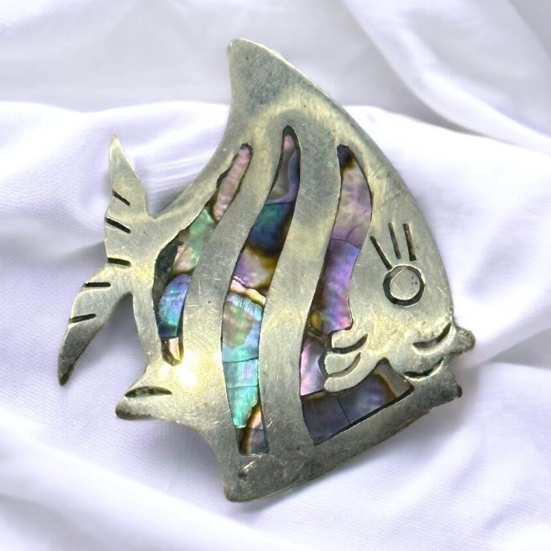 Fish Brooch Real Silver 40 X 35 Mm Noble Paua Shell Pendant Vintage ...