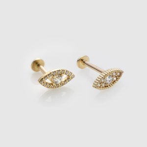 Single 14k Solid Gold Cleopatra CZ Cartilage Earring | Internally Threaded Labret Stud