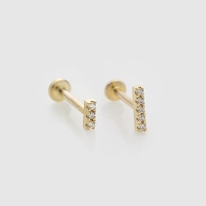 Single 14k Solid Yellow/White Gold Mini CZ Bar Cartilage Earring | Internally Threaded Labret Stud