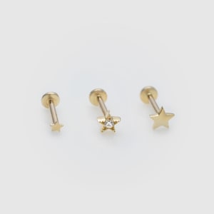 Single 14k Solid Gold Star Stud | Internally Threaded Labret Stud