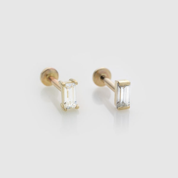 Single 14k Solid Yellow and White Gold Baguette CZ Cartilage Earring | Internally Threaded Labret Stud