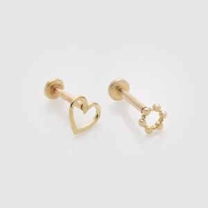 Single 14k Solid Gold Heart, Pom Pom Earring | Internally Threaded Labret Stud