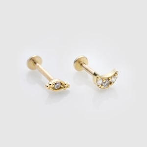 Single 14k Solid Gold CZ Stud | Cartilage Earring | Internally Threaded Labret Stud