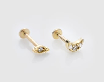 Single 14k Solid Gold CZ Stud | Cartilage Earring | Internally Threaded Labret Stud