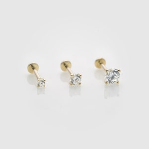 Single 14k Yellow/White Solid Gold Solitaire CZ Cartilage Earring | Internally Threaded Labret Stud