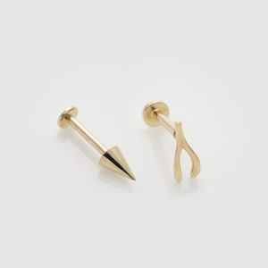 Brinco de cartilagem em forma de osso da sorte com ponta única em ouro maciço 14k | Stud Labret com Rosca Interna