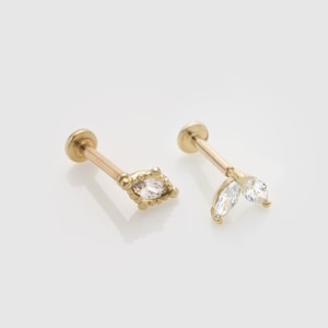 Single 14k Solid Gold Marquise CZ Cartilage Earring | Internally Threaded Labret Stud