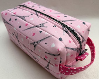 Quilted Paris Travel Bag: Eiffel Tower Boxy Zipper Pouch, Large Cosmetics Organizer