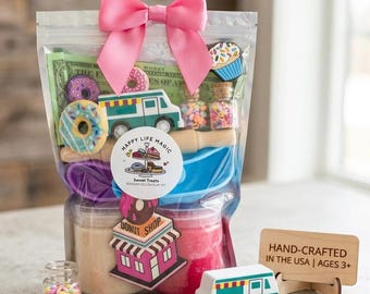 Mini Donut Shop Sensoriskt Degkit, Play dogh-kit, Play dogh-magiskt set, present till flickor, Sensoriskt kit, Play dogh-kit, pojke-flickans födelsedagspresent, fest