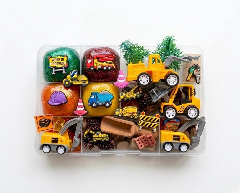 May include: A clear plastic divided storage container filled with sensory play items including green, red, and orange glittery dough, miniature yellow construction vehicles, small traffic cones, pinecones, a wooden scoop, and various construction-themed charms.