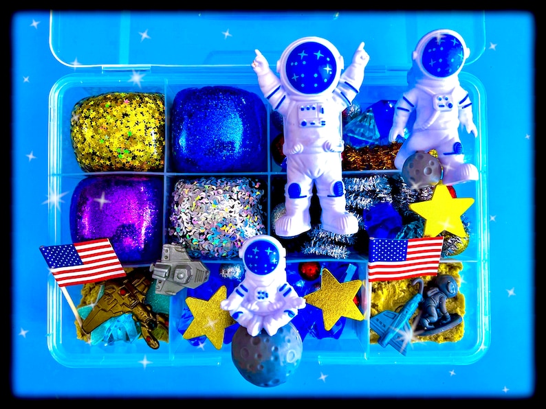 Outer Space Play Dough and Sand Kit, Play dough kit, Sensory Box, Playdough kit, Sensory Kit ,Busy box, playdough sensory kit,play doh kit image 1