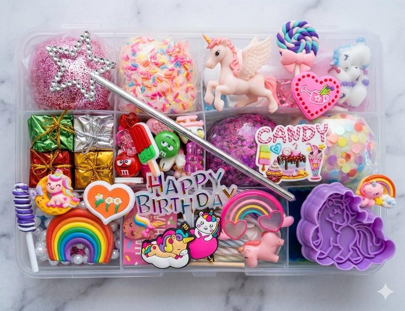 May include: A clear plastic organizer box filled with colorful craft supplies, including a silver star wand, a pink unicorn, a purple unicorn cookie cutter, rainbow charms, small gift boxes, and a sign that reads Happy Birthday and Candy.