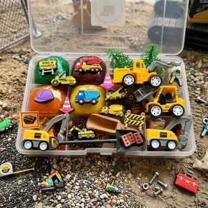 May include: A clear plastic storage container filled with construction-themed sensory play items, including yellow toy excavators, dump trucks, miniature traffic cones, signs reading Work in Progress, colourful dough balls, small plastic trees, and metal bolts.