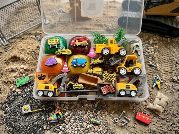 Construction Play Dough Sensory Kit, Dig and Dump Truck Toy Jar, Little Builder Activity Box, Custom Sensory Bin Filler, Boy Birthday Gift