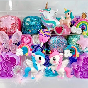 Kit de massinha de modelar de unicórnio e arco-íris, aniversário de meninas, presente de Natal para meninas, conjunto de massinha mágica, presente para crianças pequenas, kit de massinha de modelar, kit sensorial de unicórnio