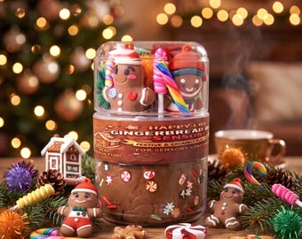 Lebkuchen-Weihnachtsglas mit zwei Gläsern, sensorisches Knetgummi-Glas, Gastgeschenke für die Weihnachtsfeier, Geschenk für Jungen und Mädchen, Nikolausgeschenk, Bastelidee mit Schleim