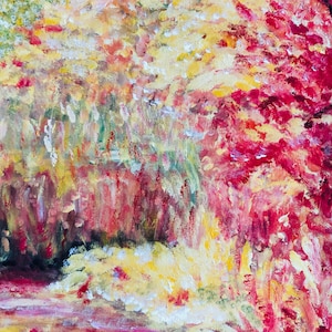 May include: Abstract painting with a mix of yellow, red, and white paint. The painting has a textured look and appears to depict a forest scene.