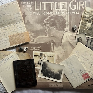 Antique Ephemera Lot, Antique sheet music, antique leather Bible, vintage shells, vintage photos, antique letters, antique news articles