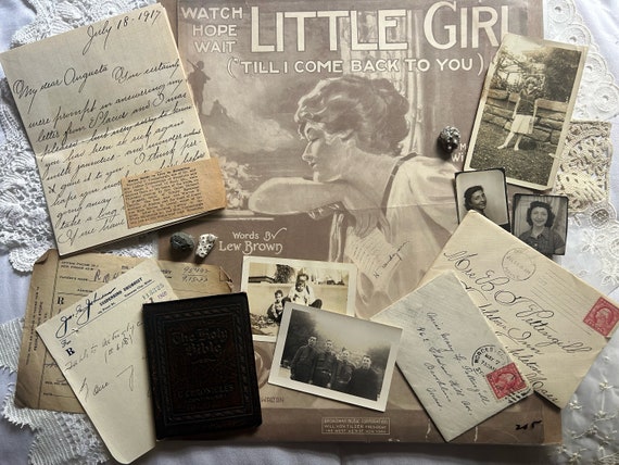 Antique Ephemera Lot, Antique sheet music, antique leather Bible, vintage shells, vintage photos, antique letters, antique news articles
