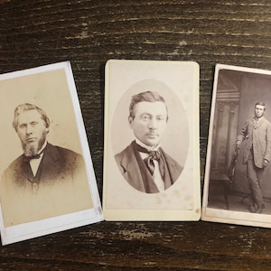 ビクトリア朝時代の男性のアンティーク CDV 写真 3 枚、カルト ド ヴィジット、キャビネット カード、アンティーク写真、ダークなインテリア、ゴシック インテリア、古い写真