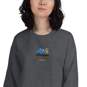 May include: A dark heather grey sweatshirt with a graphic of a mountain range and a UFO with the text "PATIENCE Colorado" in yellow and blue.