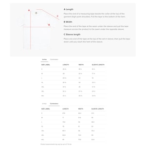 May include: White t-shirt with measurement instructions. The image includes diagrams for measuring length, width, and sleeve length in inches and centimeters. Size chart with measurements for length, width, and sleeve length.