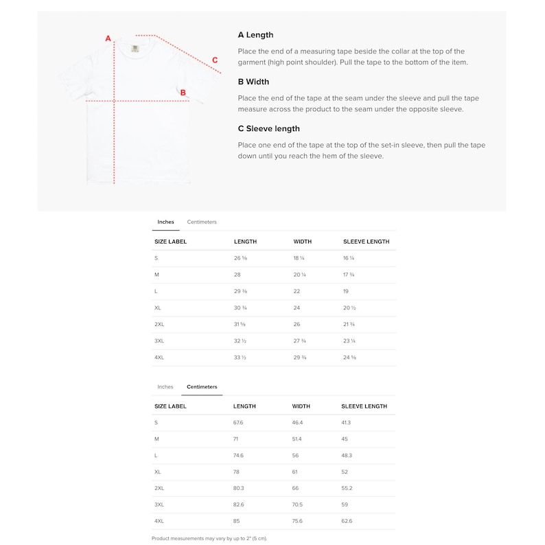 May include: White t-shirt with measurement instructions. The image includes diagrams for measuring length, width, and sleeve length in inches and centimeters. Size chart with measurements for length, width, and sleeve length.