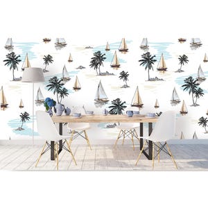 Custom  size Tropical Beach Wallpaper - Palm Trees, Surf & Sailboat - Peel and Stick Removable Wall Mural Decor，nursery decor，home decor