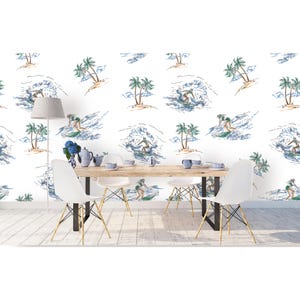Palm Trees Surf Sailboat Beach Wallpaper-Custom Tropical Coastal Removable Wall Mural，nursery decor，free shipping，peel and sick，eco-friendly