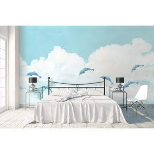 Flying Dolphin Blue Sky Cartoon Wallpaper:Custom Size Peel&Stick removable- Mural for Bedroom, kids room