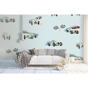 Retro Race Car Cartoon Wallpaper:  Custom Size Peel & Stick removable-Mural for Bedroom, kids room