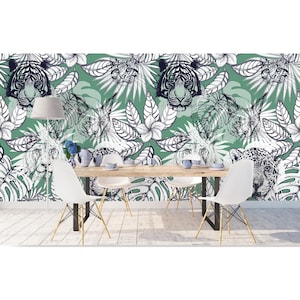 Tropical Monstera Safari Animal Wallpaper:Custom Size Peel&Stick removable-Mural for Bedroom, kids room