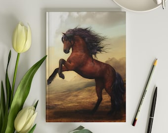 May include: A brown horse with a black mane and tail stands on its hind legs against a backdrop of a hazy, golden landscape. The horse's head is turned to the side, and its eyes are closed. The horse's mane and tail are flowing in the wind.