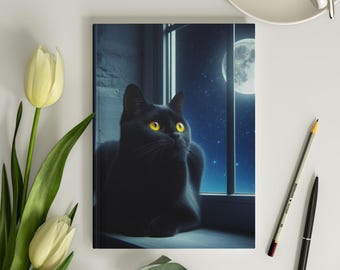 Black Cat Hardcover Journal 6x8 Black Cat Notebook Mysterious Black Cat Journal Black Cat Full Moon Journal for Women 150 Blank Lined Pages