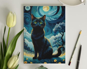 May include: A black cat with green eyes sits in a field of yellow flowers under a full moon. The background is a swirling blue and purple sky with clouds and trees.