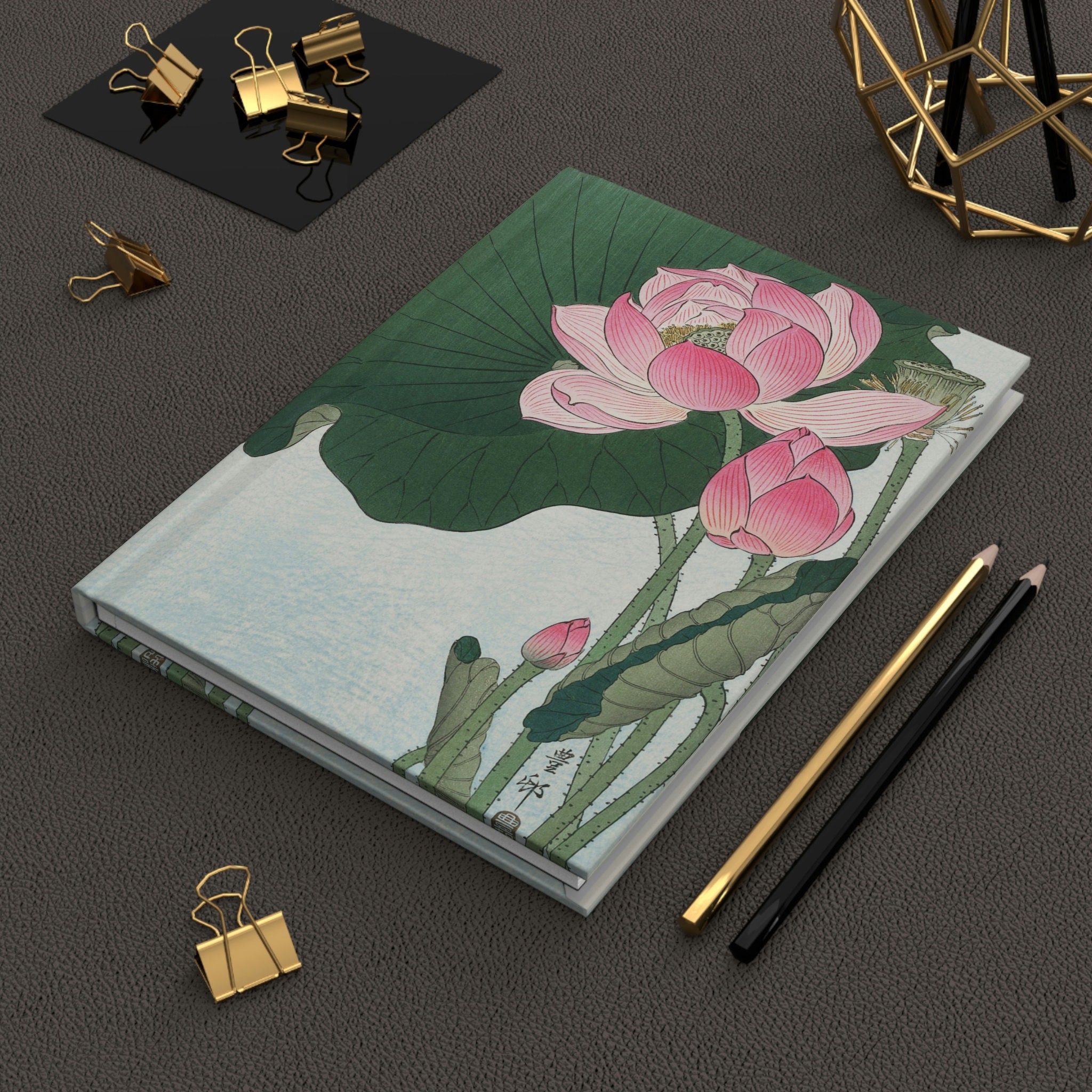 Pink Lotus Flowers 6x8 Hardcover Journal Japanese Vintage
