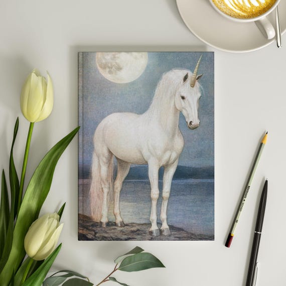 Unicorn Hardcover Journal 6x8 White Unicorn Journal White Unicorn Notebook Full Moon Magical Art Unicorn Fantasy Journal for Women 150 Pages