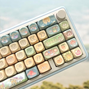 Pode incluir: Um teclado azul claro com teclas personalizadas que apresentam várias cores pastel e desenhos de animais de desenho animado. As teclas têm caracteres e símbolos diferentes, incluindo "Enter", "Fn" e "De".