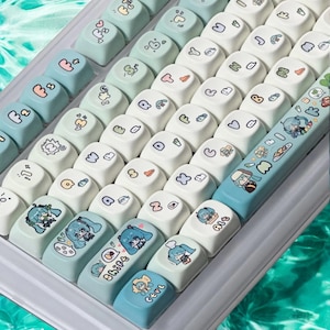 May include: A white keyboard with light blue and green keycaps featuring anime characters. The keycaps have Japanese text and symbols. The keyboard is on a blue and green background.