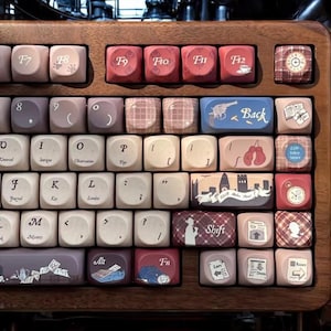 May include: A custom keyboard with a wooden frame and distinctive keycaps. The keycaps display diverse designs, such as a pistol, boxing gloves, and a silhouette. The keyboard includes a Back key and a Shift key.
