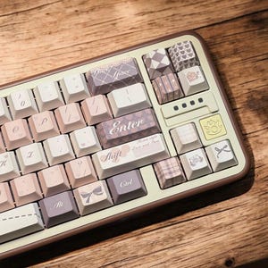 May include: A pastel-colored keyboard with a brown border. The keys are white, pink, and purple with decorative patterns and text. The "Enter" key is purple with the word "Enter" in white. The "Shift" key has the text "Retro style" and "Zave and Paw".