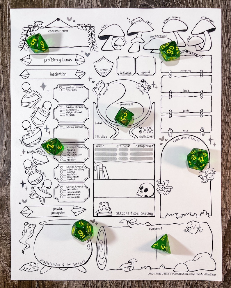 May include: A black and white Dungeons & Dragons character sheet with frog and mushroom illustrations. Includes spaces for character name, class, and stats. Several green dice are scattered across the sheet.